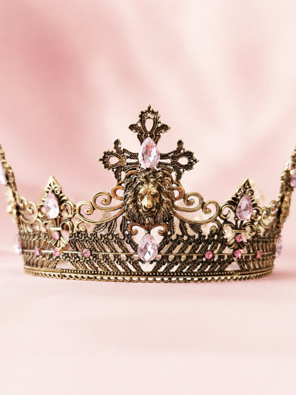 Vintage Style Gold Lion Crown with Pink Crystals, Royal King Queen Headpiece
